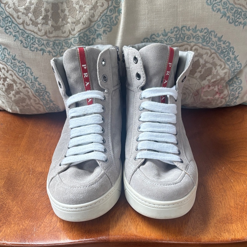 Prada Taupe High-Top Sneakers with Red Stripe